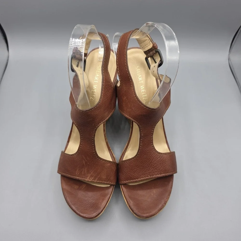 Stuart Weitzman Shoes Womens 9.5 Brown Leather Cork Wedge Ankle Strap Platform - Picture 4 of 13